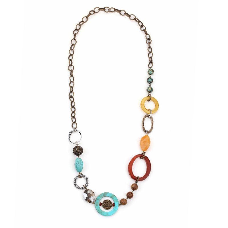 Bohemian Long Necklace with Colorful Stone & Mixed Metal Chain, Unique Pendant & Ethnic Choker Style Accessories