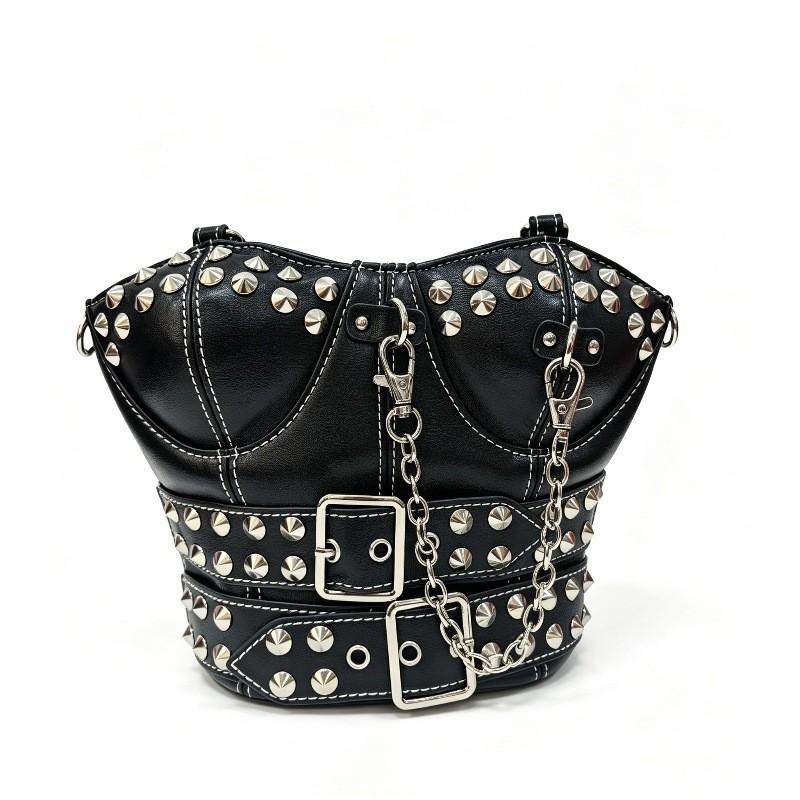 Punk Style Studded Leather Crossbody Bag With Zipper Closure For Daily Use