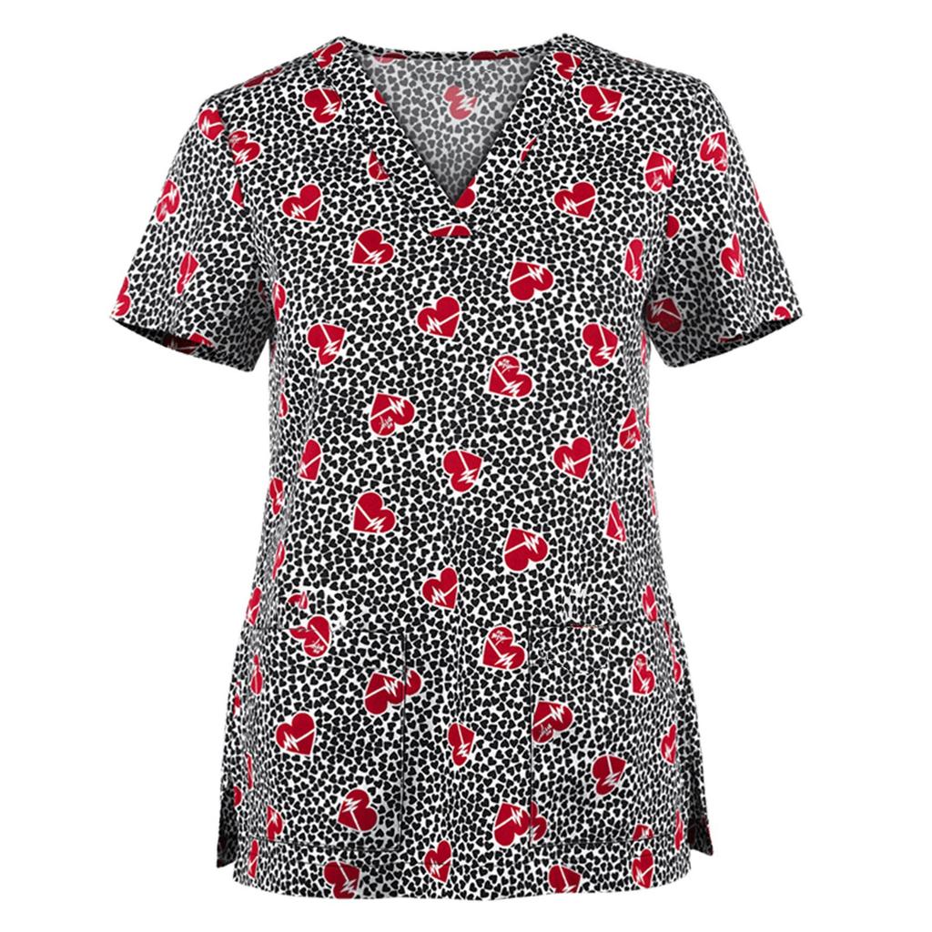 Uniforme de Travail pour Femmes Imprimé Animal Chat Chien Dessin Animé Manches Courtes Col V Hauts Femme Blouse Vêtement de Travail d'Infirmière Uniformes Médicaux