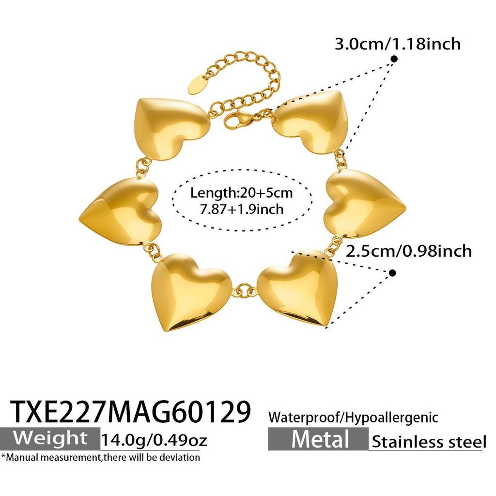 European & American Peach Heart Chain: Simple Style Niche Design Heart Bracelet & Necklace Set, 18k Gold-Plated Stainless Steel.