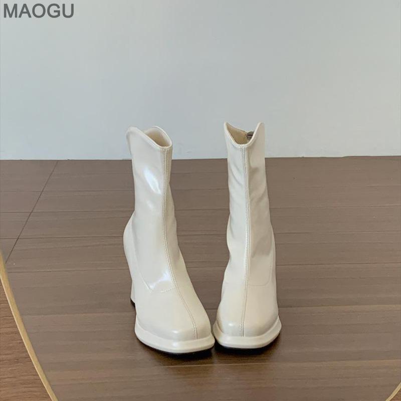 

White Chunky Heel Ankle Boots Women s Autumn Slimming Platform Booties Fashion Back Zip Leather Boots Comfortable Modern Shoes 39