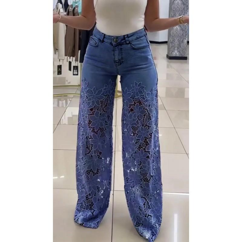 High Waist Wide Leg Jeans Women Fashion Versatile Lace Splicing Denim Pants 2025 Straight Trousers