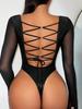 Dámské plavky jednobarevné plavky s kulatým výstřihem sexy síťovina, dutý pásek se stahovací šňůrkou, jednodílné bikiny plážové oblečení