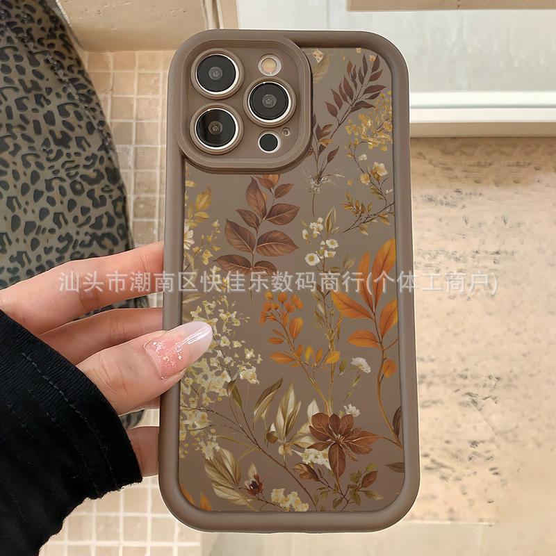 Vintage Brown iPhone Apple 11/12/13/14/15Pro Flower Phone Case 16/17ProMax Anti-drop