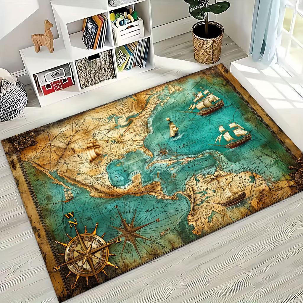 Retro Nautical Map Chart Treasure Map Compass Moto Rug for Bedroom Living Room Sofa Home Doormat Decor,Kids Non-slip Floor Mat