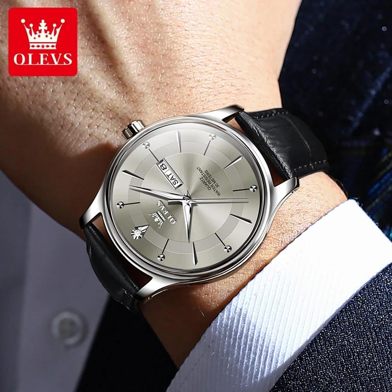 OLEVS Brand Fashion Quartz Watch Men Leather Strap Waterproof Luminous Week Date Business Mens Watches