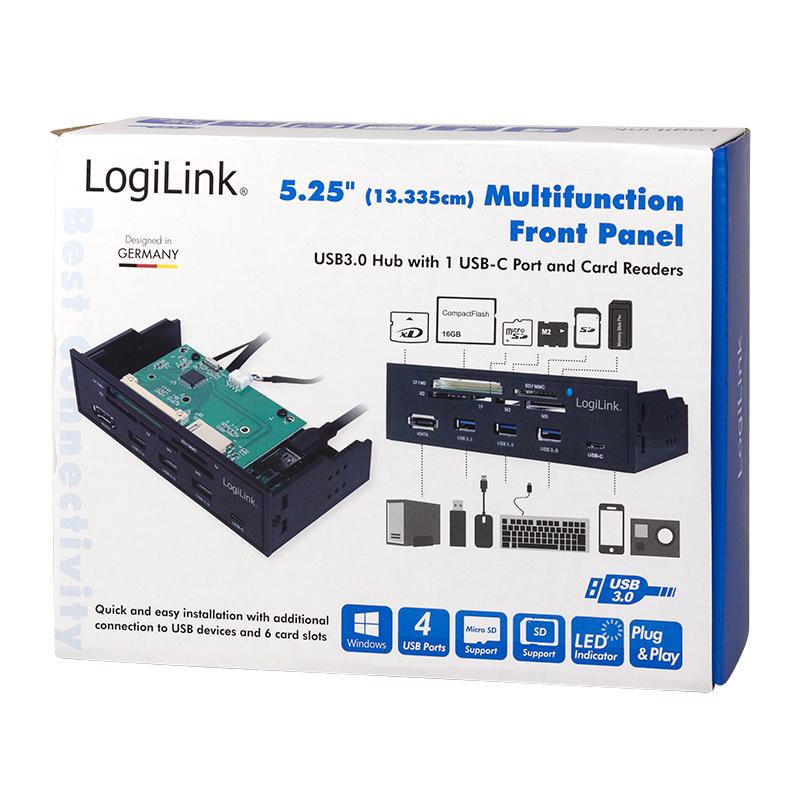 LogiLink 5.25” PC HUB Multifunction Panel 6-in-1 USB 3.0 eSATA Card Reader