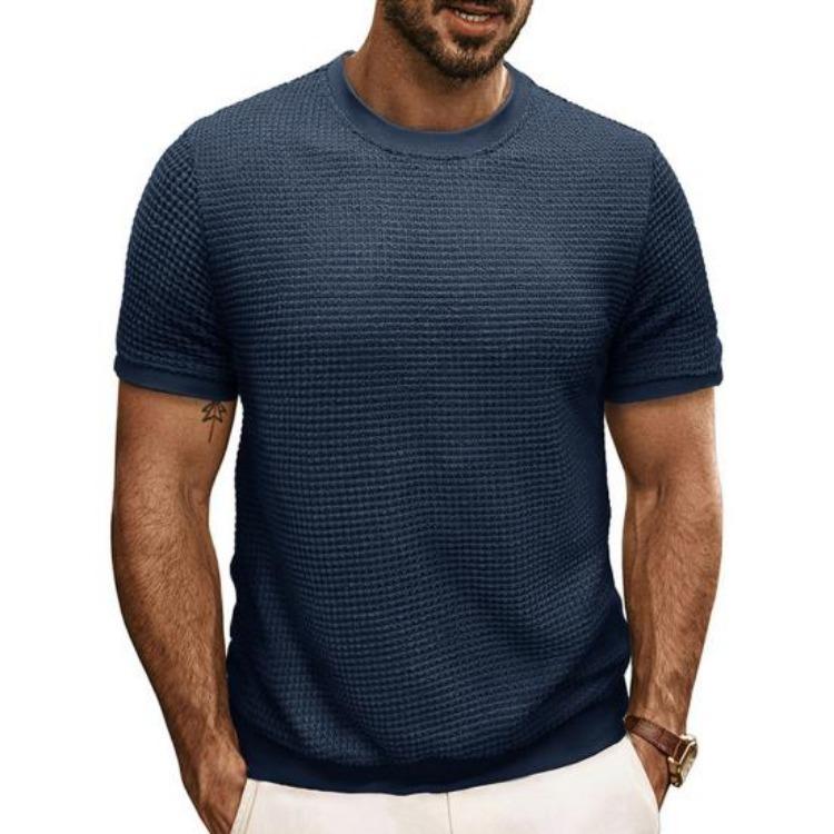 Summer Slim Fit Ribbed Elastic T-shirt Men Casual Knitted Round Neck Short Sleeves Pullover Solid Color Daily Tops Clothes