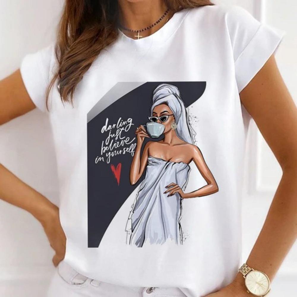 

Europe and The United States Casual Women s Round Neck T-shirt Breathable Fashion Printed Girls Short Sleeve Base Shirt S