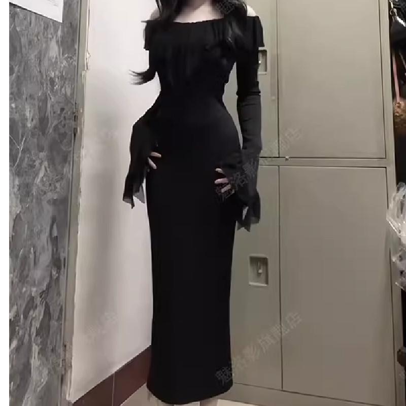 

Элегантное платье-миди с рукавами-колоколами, рюшами и пэчворком - Стройнящее, подчеркивающее талию, облегающее, для осени/зимы Extra Large чёрный