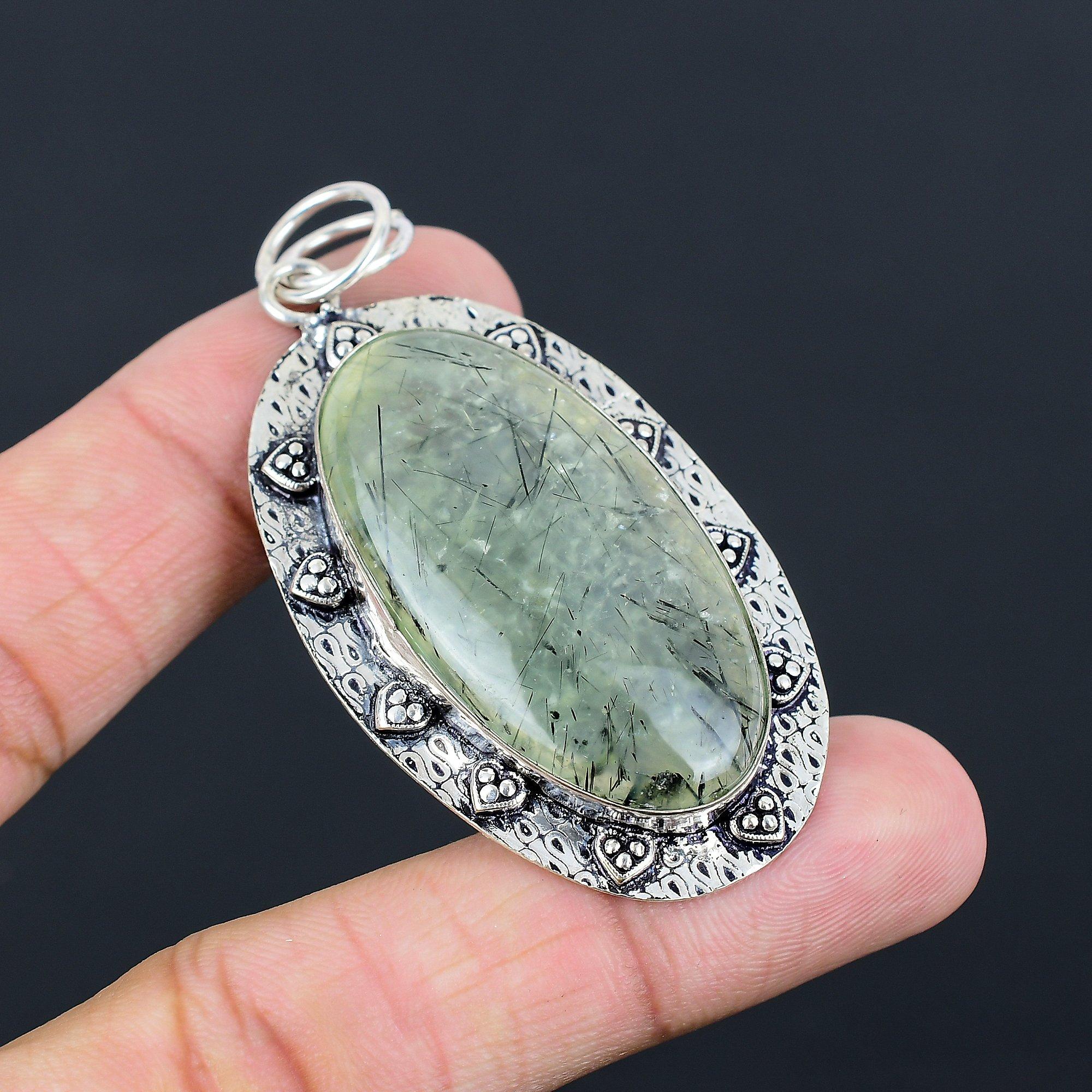 Sisters Day Deal 925 Silver Natural Moss Moss Prehnite Bezel Art Deco Pendant