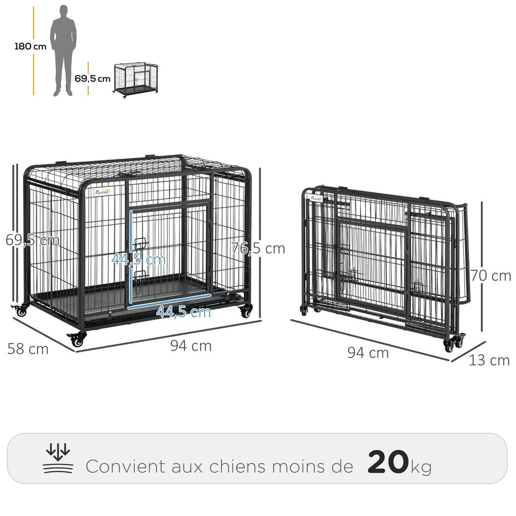 PawHut Foldable dog crate transport cage on wheels 2 lockable doors removable tray dim. 94L x 58w x 69.5H cm black gray metal