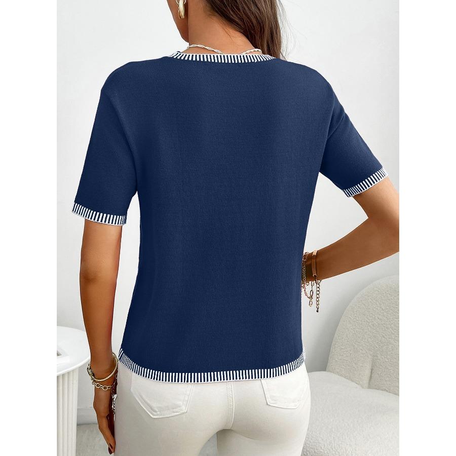 Summer Women's Pullover Short Sleeved Round Neck Short Sleeved Striped Knitted Sweater Shirt