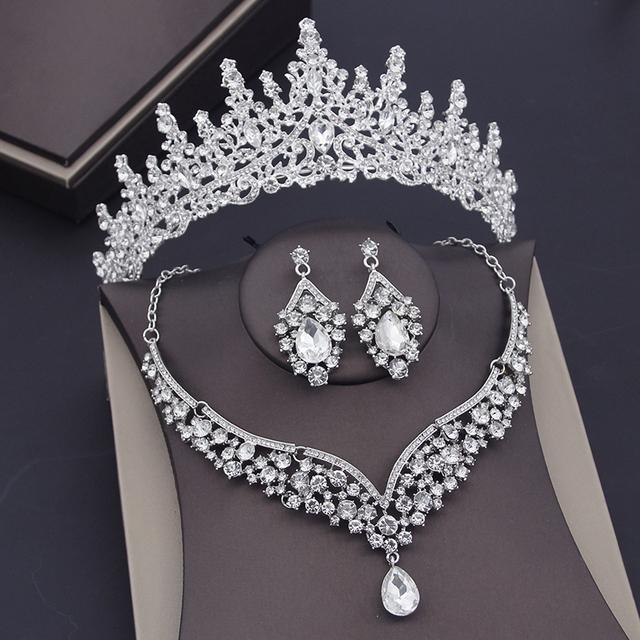 Gorgeous Blue Crystal Wedding Crown Necklace Sets For Women Bridal Jewelry Sets Earrings Prom