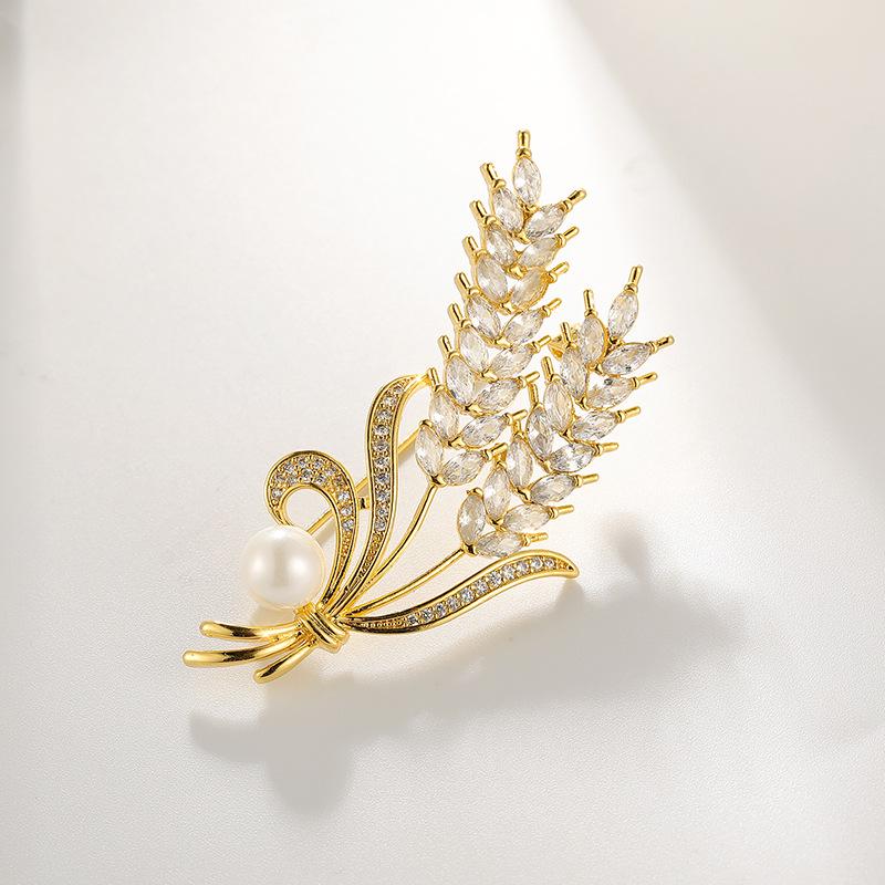 Broche Élégante Perle Blé Doré: Accessoire de Vêtement DIY en Cuivre Luxueux Zircon