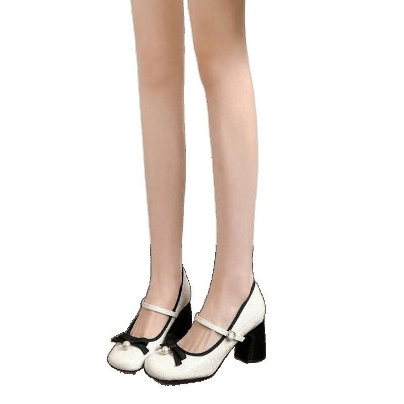 Bow Small Fragrant Style High Heel Mary Jane Shoes Women's 2025 New Spring Pearl Square Head Temperament Thick Heel Single Shoes
