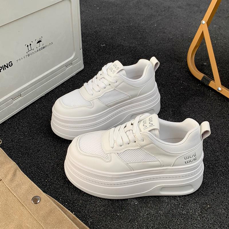 

2025 Spring/Summer Women s White Mesh Sneakers: Trendy Thick-Soled Casual Shoes with Hidden Heel Size 38