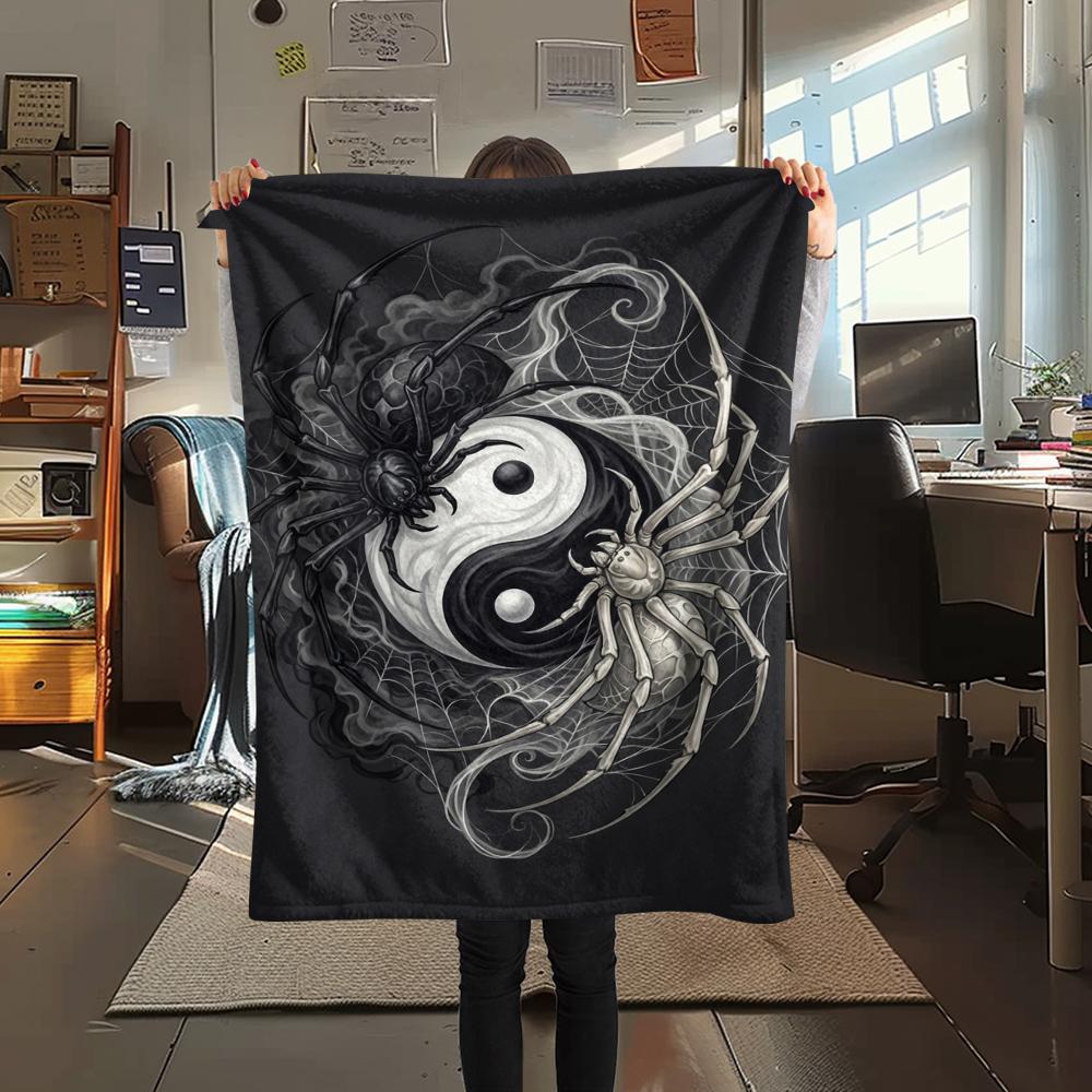 1Pc Dark Spider Print Flannel Blanket, High quality Comfortable for All Seasons, Home Decor, Warmth and Comfort, Perfect for Christmas Gifts W89
