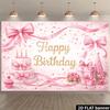 2D Cute Watercolor Pink Birthday Backdrop with Cake, Bows and Gifts Photo Background