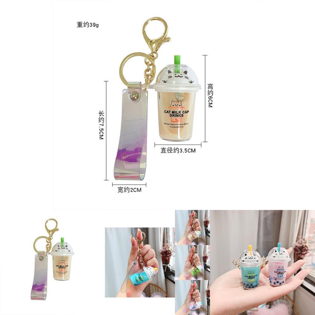 Adorable Cartoon Cat Milk Tea Keychain Cute Acrylic Keyring For Couples And Friends
