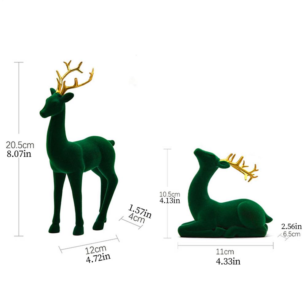Christmas Deer Figurines Flocking Christmas Animals 2 Pieces Standing Sitting Sculpture Red Green Aesthetic Elk for Party