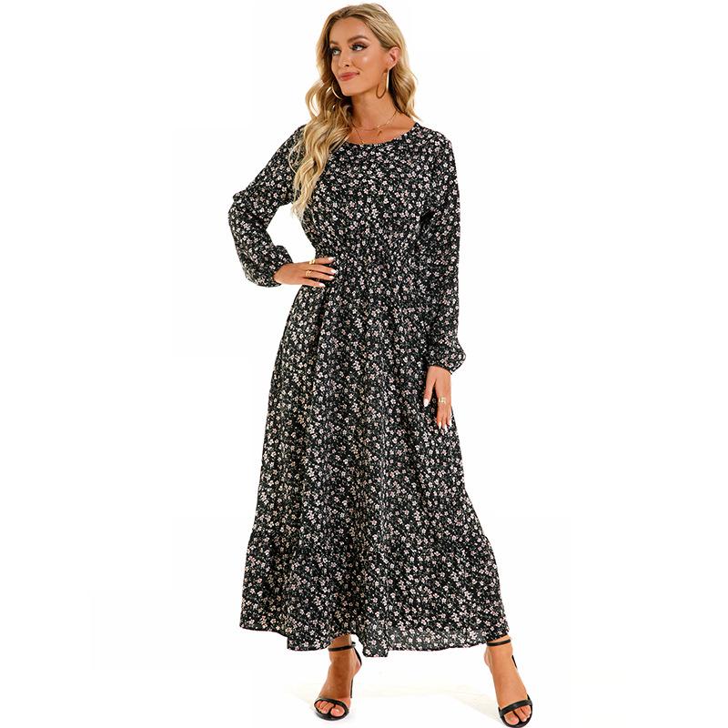 Jarní letní bohémské dámské maxi šaty s dlouhým rukávem a vysokým pasem, plážové šaty s dlouhým rukávem a květinovým vzorem
