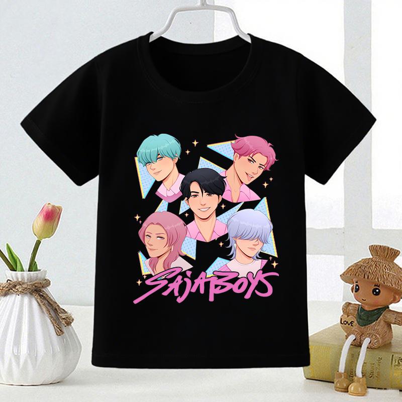 Kpop Łowcy Demonów Saja Chłopcy Nadruk Moda Dziecięcy T-shirt Dziewczęce Letnie Topy Ubranka dla Niemowląt Chłopców Czarne Dziecięce Koszulki z Krótkim Rękawem