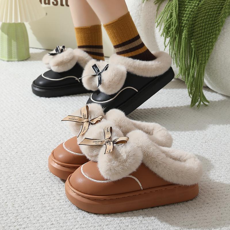 Cotton slippers autumn and winter home warmth velvet thick-soled couple waterproof cotton shoes bow shoes