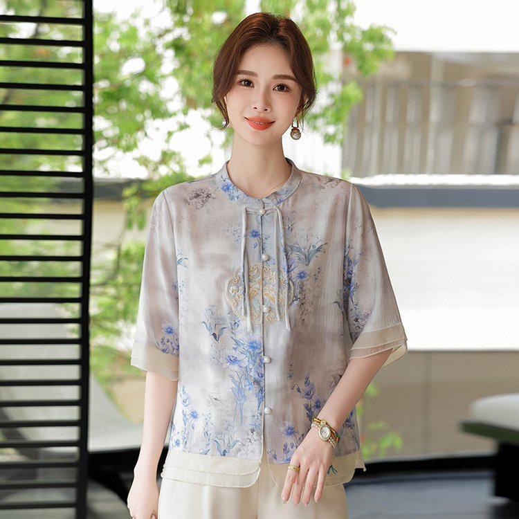 2026 Summer Chinese Style Mid-Sleeve Plus Size Blouse for Middle-Aged & Elderly Women