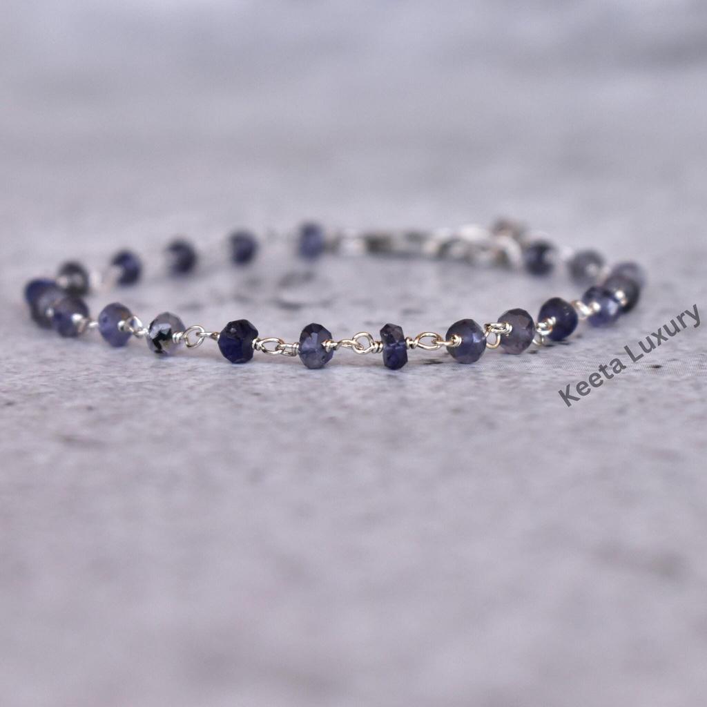 Iolite Beaded Bracelet Blue Gemstone Faceted Beads Bracelet Rosary Stacking Bracelet Water Sapphire Jewelry In Silver Iolite Jewelry