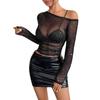 Women's Elegant Black Sequin Mesh Asymmetric Neck Long Sleeve T-Shirt