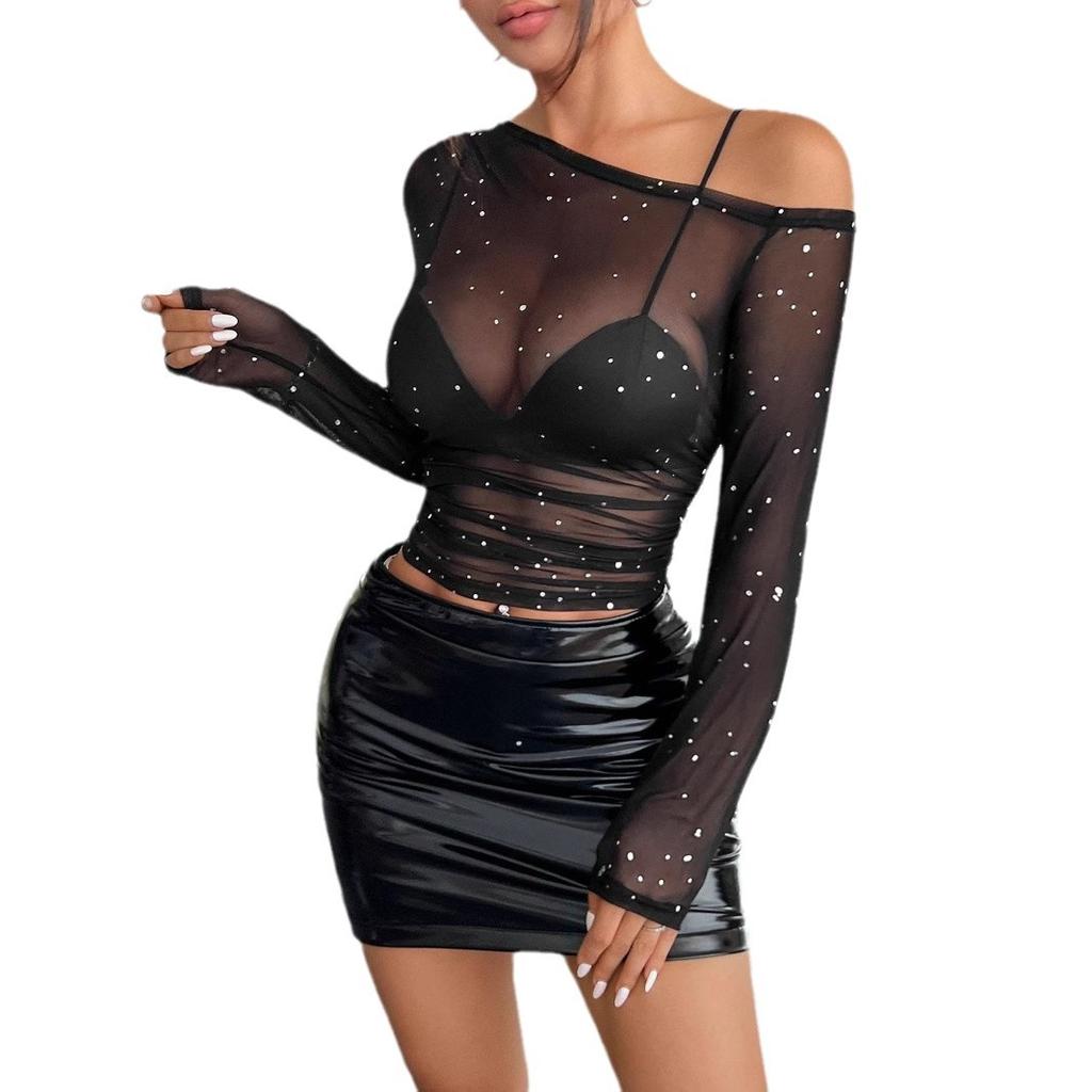 Women's Elegant Black Sequin Mesh Asymmetric Neck Long Sleeve T-Shirt