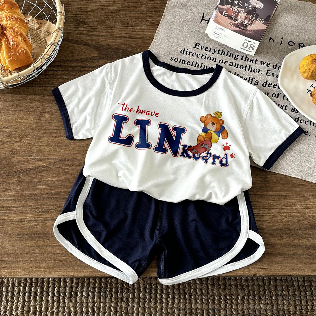 

Summer Children s Modal Thin Cute Vest Two-piece Suit Short-sleeved Children Can Wear Summer Home Clothes 73CM темно-синий