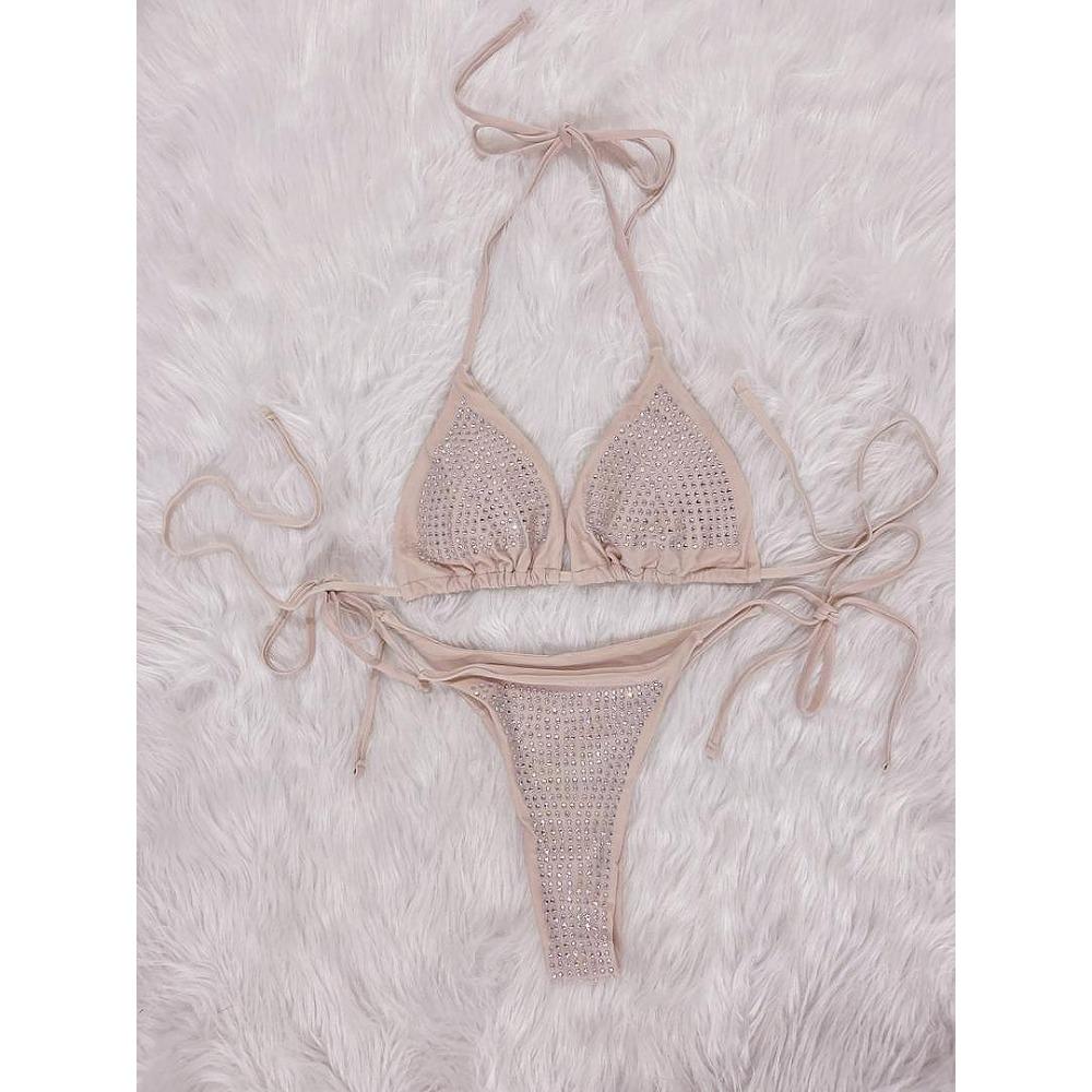 European and American Sexy Diamond Bikini Split Solid Color Strap Beach Vacation Women's Swimsuit