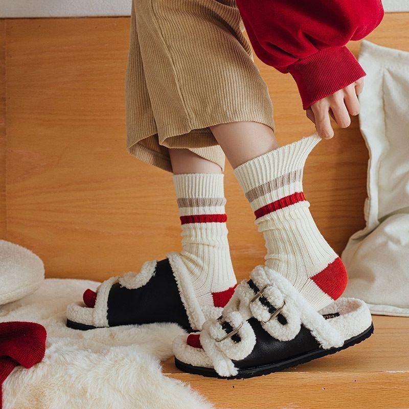 Female Autumn and Winter New Year New Year Festive Red Tube Pile Socks
