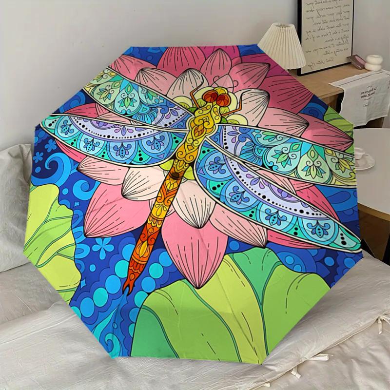 Colorful Lotus Dragonfly Mandala Automatic Opening Folding Umbrella with 8-Bone Iron Frame, Suitable for Fans, Travel, Daily Use, Festive Gi