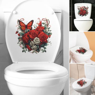Adhesivo para Inodoro Removible Impermeable PVC Sala de Estar Baño Arte de Pared Floral Tapa de Inodoro Día de San Valentín