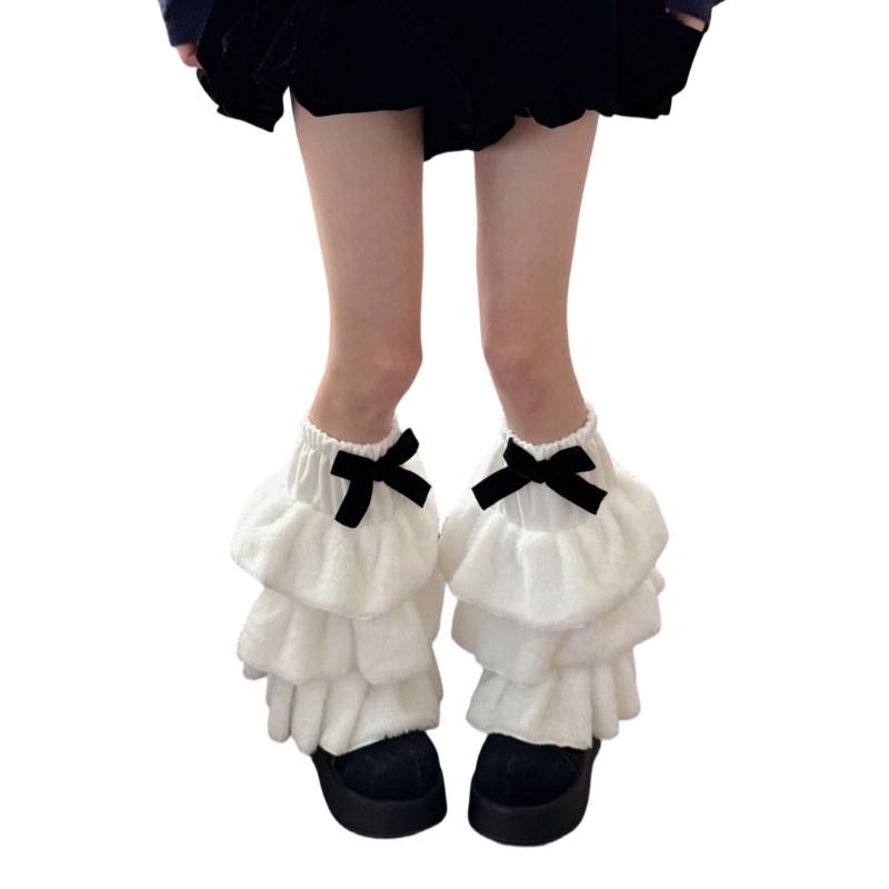 Women Plush Tiered Ruffle Leg Warmers with Bowknot Fuzzy Winter Boot Cuffs Thick Warm Furry Foot Covers Footless Socks