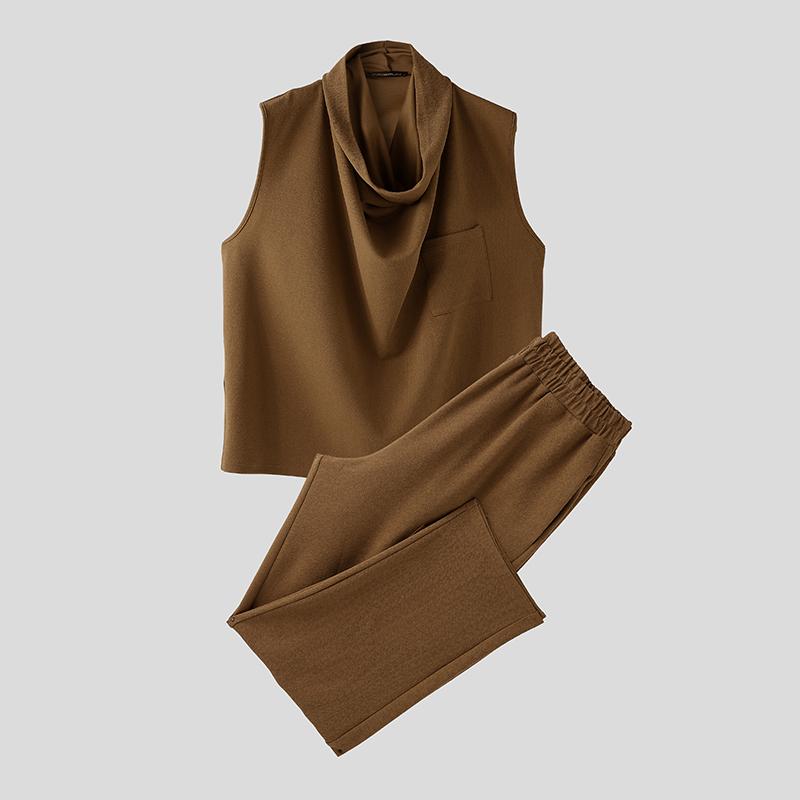 

INCERUN Комплекты из двух предметов Большого размера Мужские С отложным воротником Без рукавов Майки Длинные брюки Наряды M коричневый