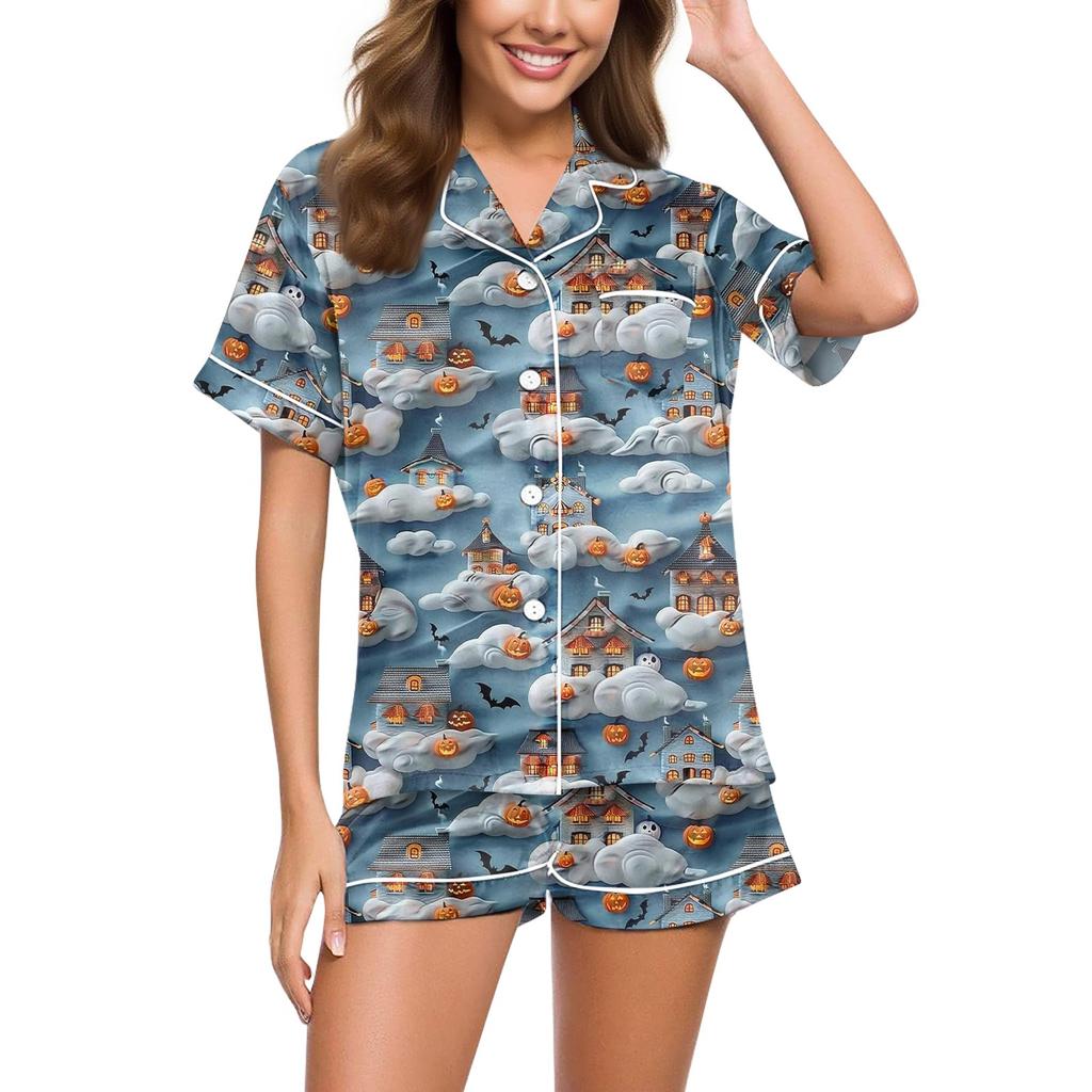 Women's Casual Fashion Halloween Printed Short Sleeve Home Suit