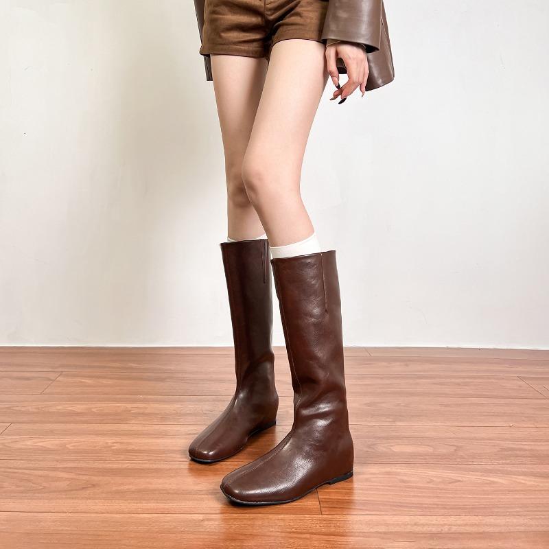 Height Increase Cm~ Leather Thin Boots Women's Autumn and Winter New Flat-bottomed Soft Thin Boots Medium and High Knight Boots