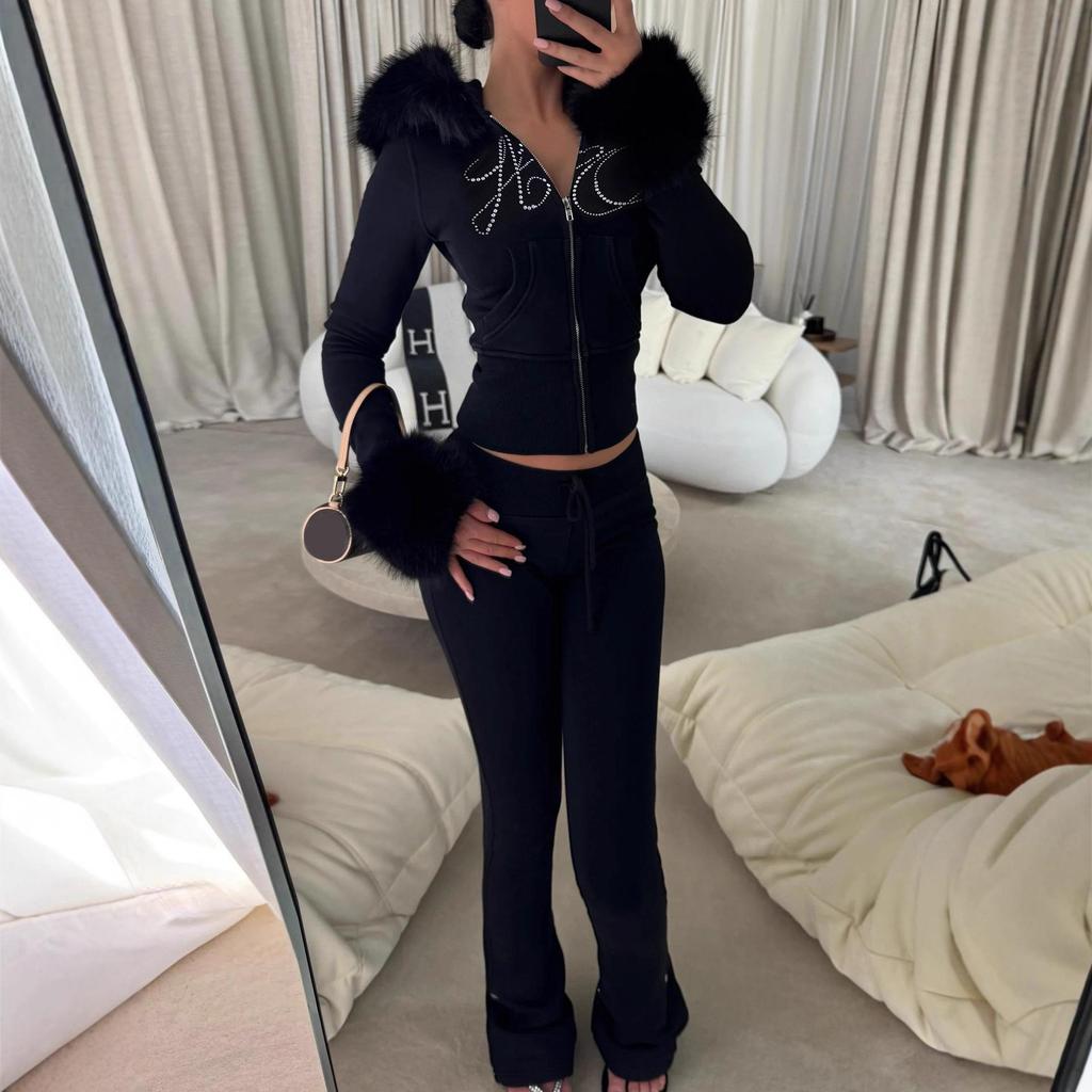 2025 Fall/Winter European Furry Hoodie & Rhinestone Sweatpants Set