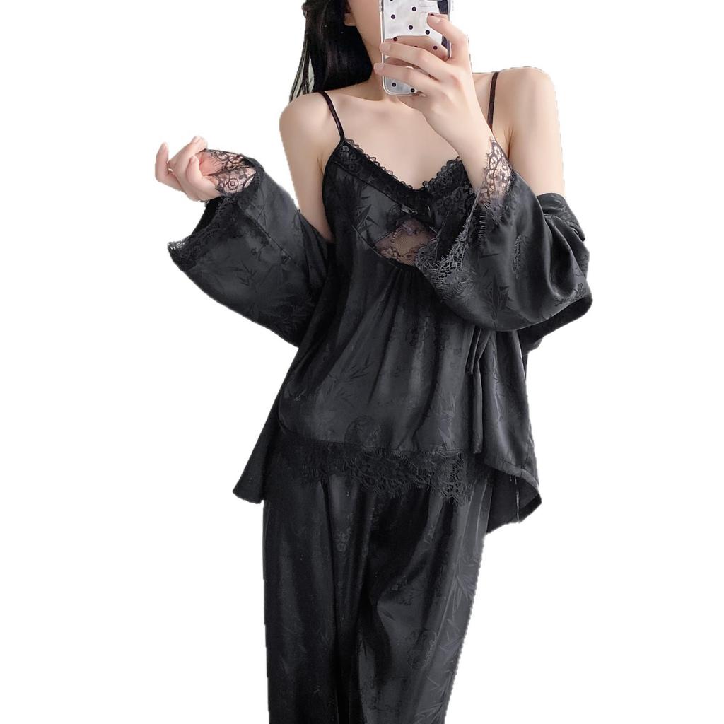 Women's Summer Ice Silk Camisole & Long Pants 3-Piece Set with Chest Pads - Light Luxury Homewear