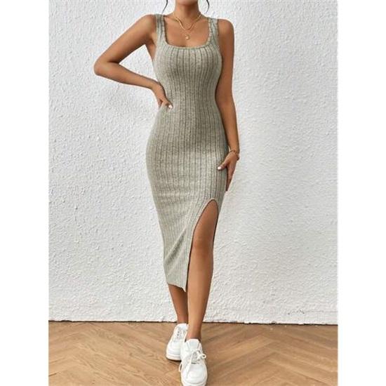 Women's Sleeveless Square Collar Suspender Furry Vertical Vest Dress Elegant Sexy Slit Legs Midi Dress