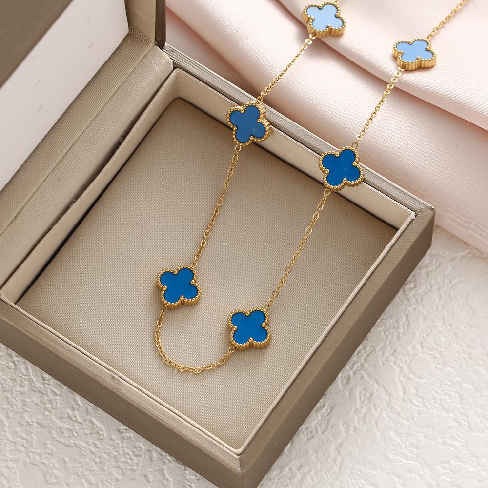 Titanium Steel Double-sided Clover Necklace with Ten Flower Mother of Pearl Necklace, 18K Gold-plated and Colorfast