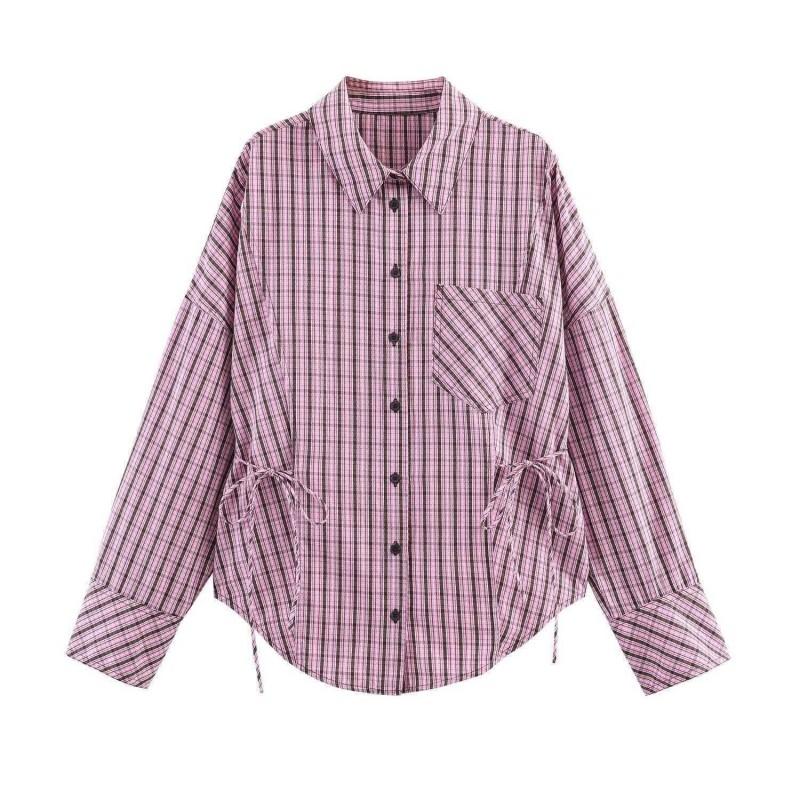 ZA Womens Slim-fit Pink Black Plaid Shirt Versatile Casual Workwear Top