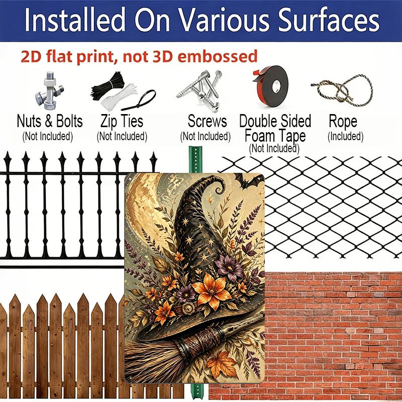2D Flat, 1pc Halloween Decorative Sign & Plaque, Vintage Floral Witch Hat & Broom Aluminum Sign, Spooky Fun Decor, Halloween Artwork Wall Decor