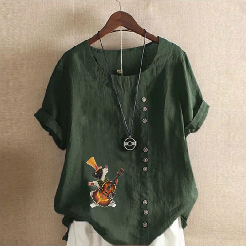 Women's Fashion Music Dog Prined Short Sleeve T-shirt Loose Cotton Shirt Casual Loose Summer Blouse Tops Plus Size