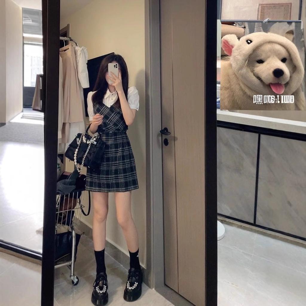 Sweet Spice Girl Fake Two-piece Shirt Splicing Skirt Summer College Style Plaid Design Sense Waist Bubble Sleeve A-Word Short Skirt