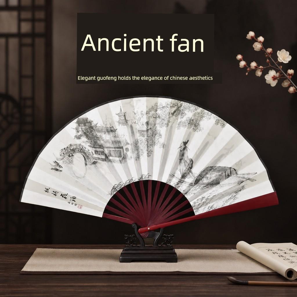 Ancient-Style Wooden Classical Dance Dual-Purpose Paper Fan, Durable Wooden Folding Fan, Chinese-Style Retro Bamboo Folding Fan for Men